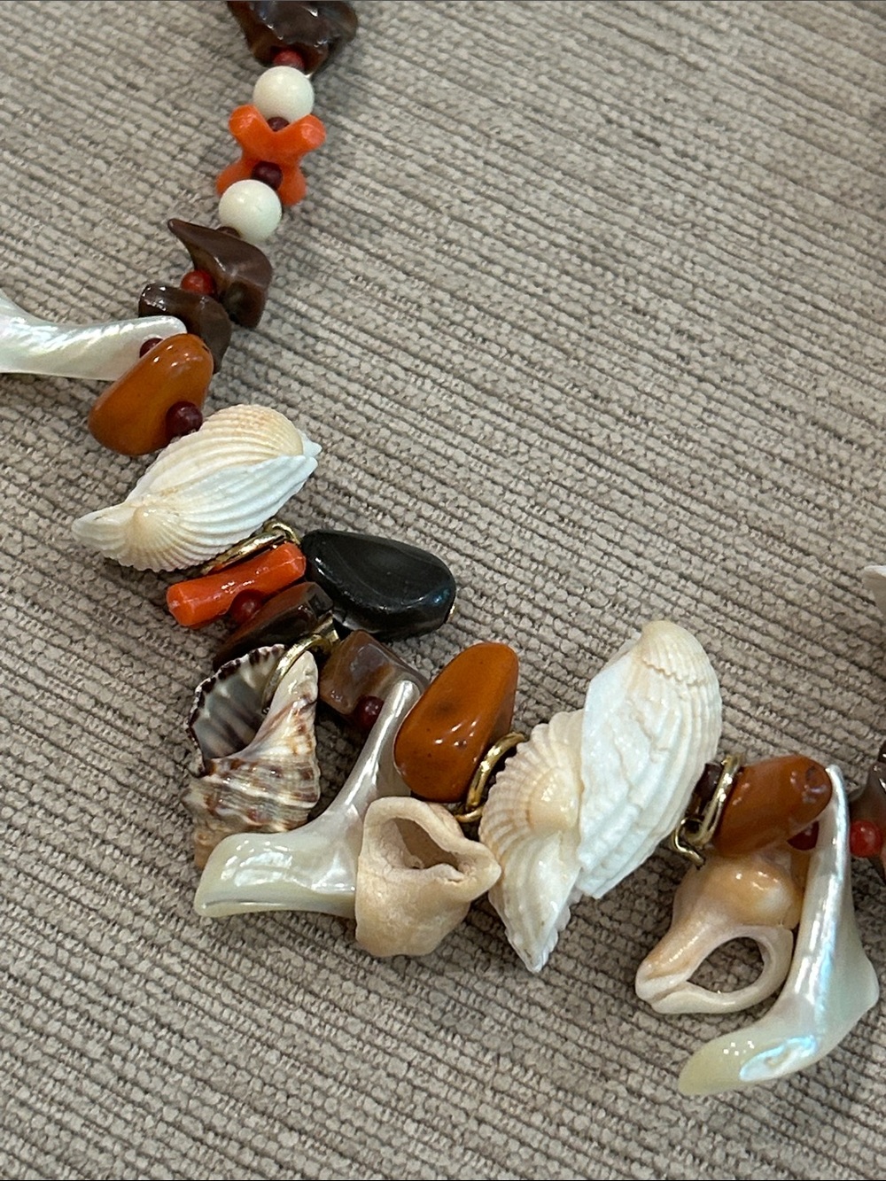 Shel, stone and Bead Statement Necklace - White, Brown, Orange image 2
